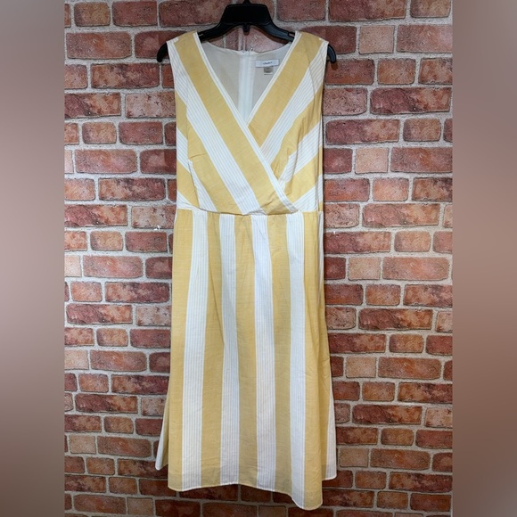 CJ Banks Dresses & Skirts - Butter yellow & white euro summer sleeveless vneck mock wrap tie back midi dress